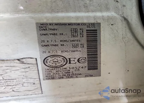 2021 Nissan Murano Sl z USA, uszkodzony, nr VIN 5N1AZ2CS3MC105747